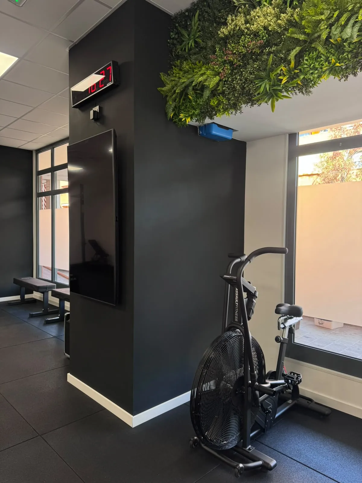 Bicicleta de aire y reloj de intervalos junto a la columna negra y el jardín vertical